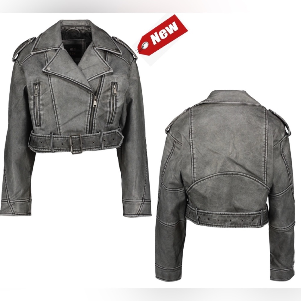 QED LONDON Gray Washed Faux Leather PU Zip Up Belted Cropped Moto Biker Jacket 8